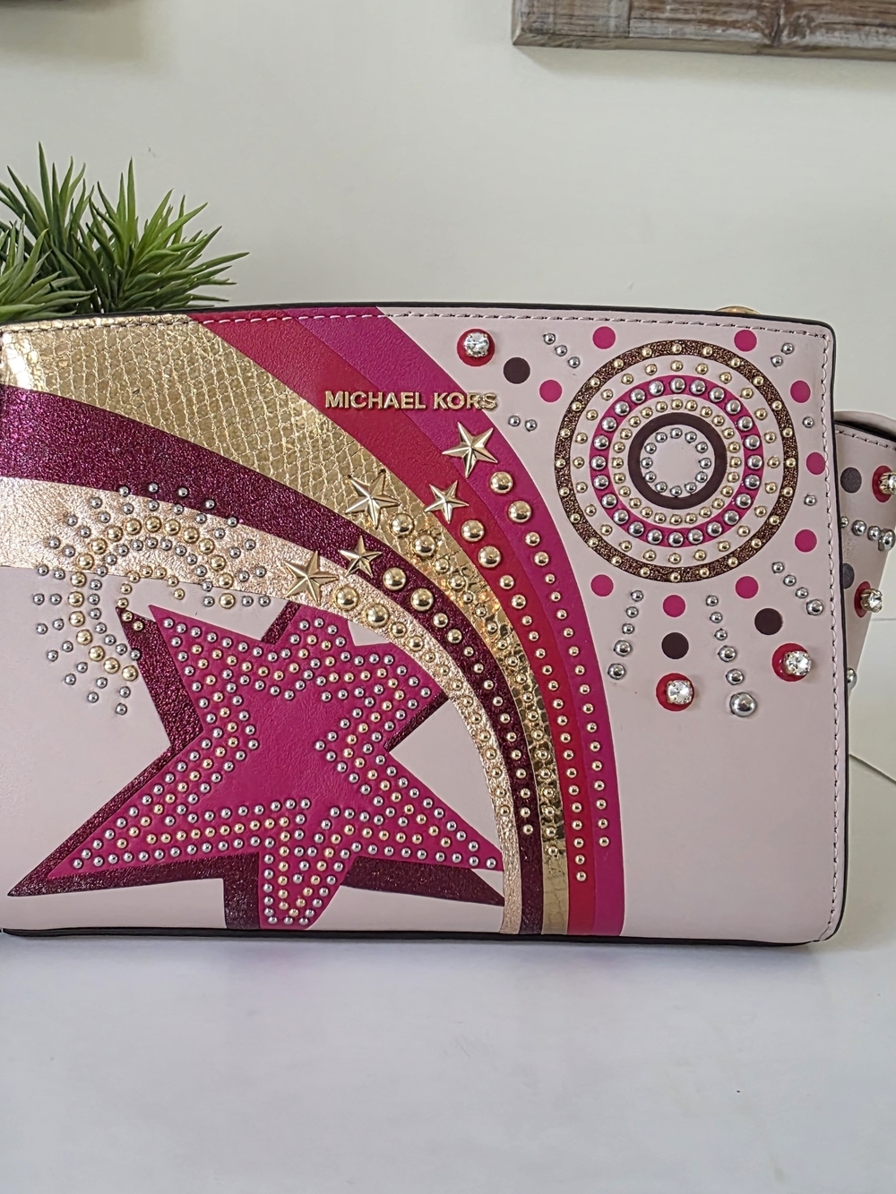 Michael Kors Selma Studded Firework Messenger Crossbody Bag Pink Multi - Picture 4 of 14